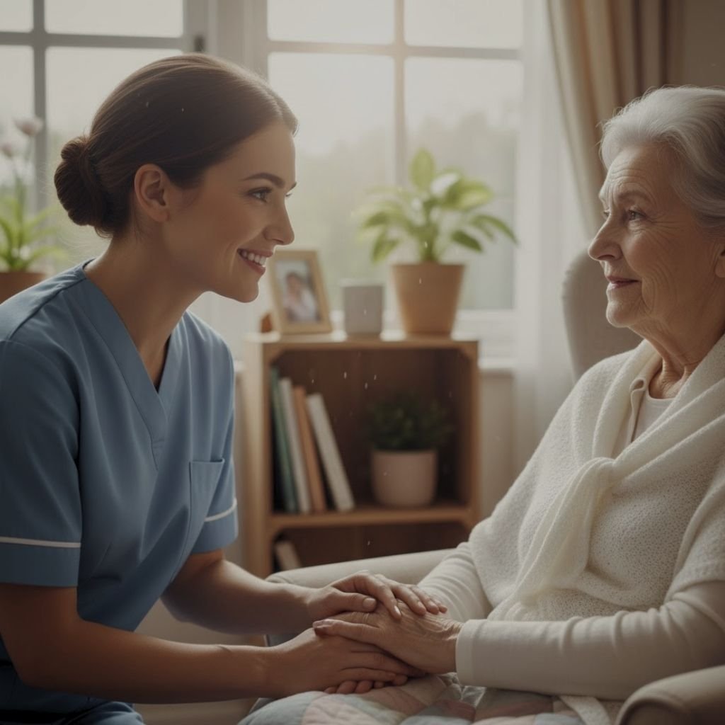 Nurse serving meal to woman in wheelchair