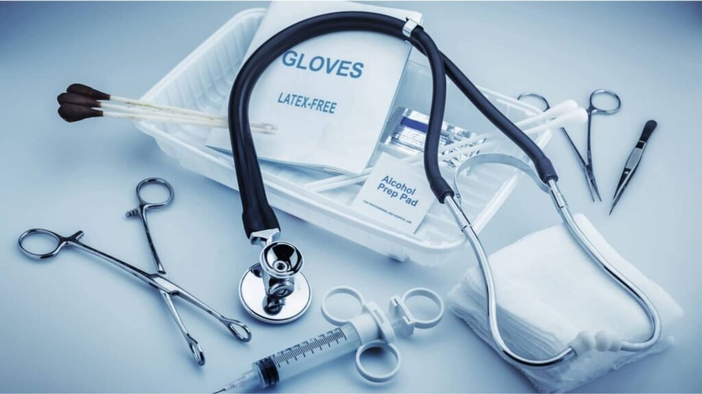 Medical equipment and home medical supplies on a tray